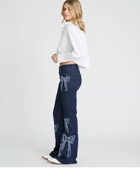 DRIFTWOOD Dark Blue Embroidered Bow Wide-Leg Jeans NWT